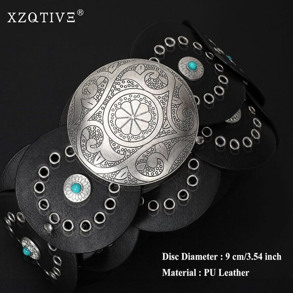 Woman\'s Western PU Leather Belts Concho Disc Wide Waist Belt Black Silver Buckle main image 6